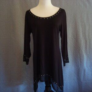 NWT BELLDINI Black Studded Mesh Inset Long-Sleeve Tunic Top Handkerchief Hem M